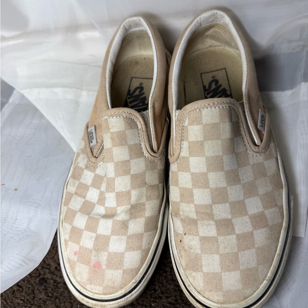 Vans Kids Beige and White Checkered Slip-On Sneakers
